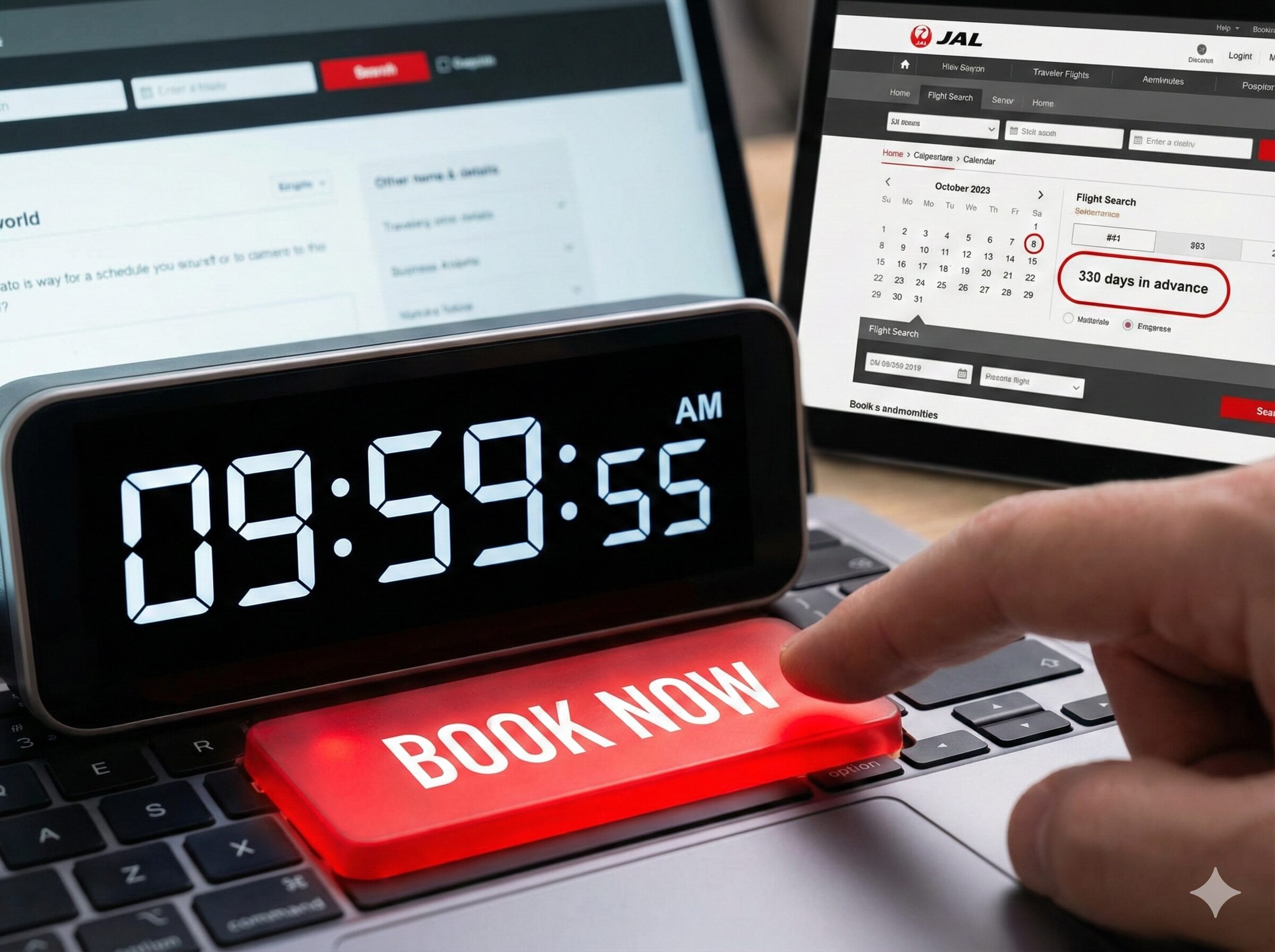 10:00AM直前のデジタル時計と予約ボタンをアップにした画像。JAL特典航空券の予約が始まる360日前の予約戦争を表現。