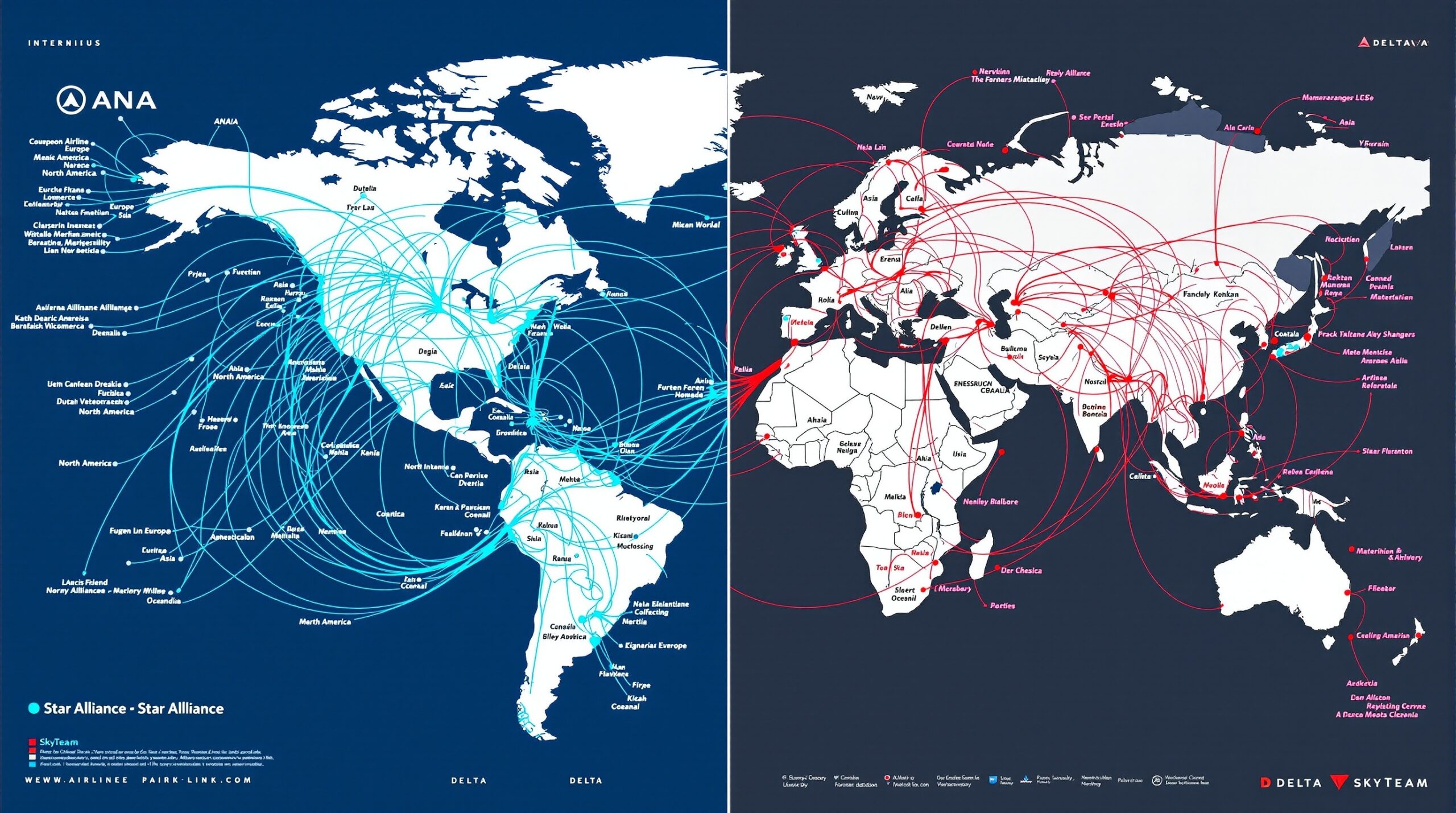 スターアライアンスとスカイチームの世界路線網比較マップ