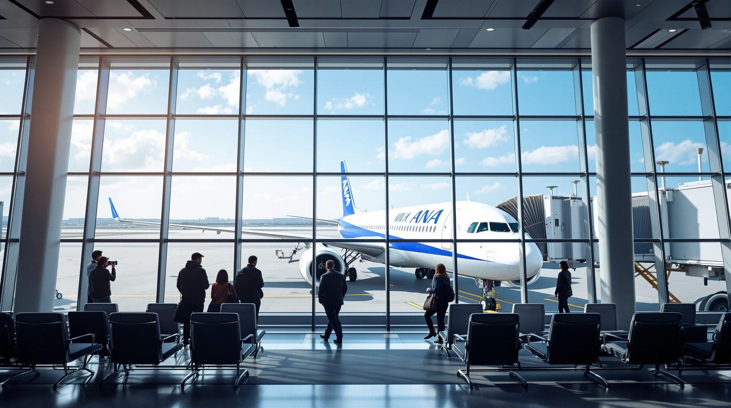 ANAの搭乗ゲート前で出発を待つ旅行者たち