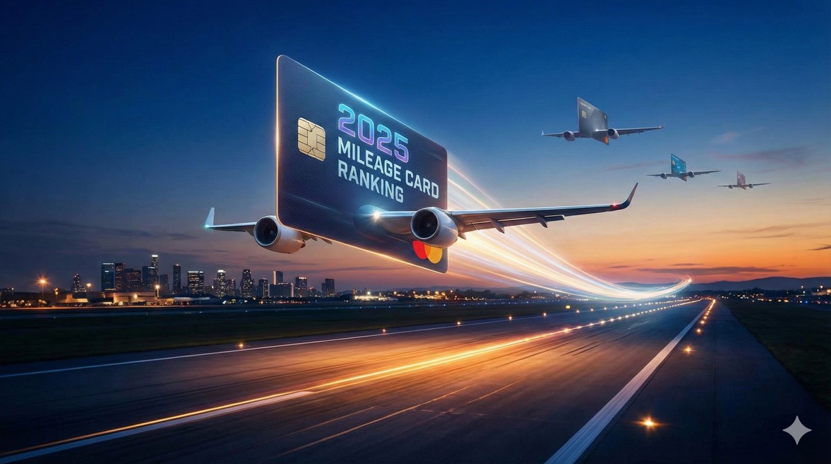 2025年マイル系クレジットカードランキングのアイキャッチ。カードが飛行機となり世界へ飛び立つイメージ