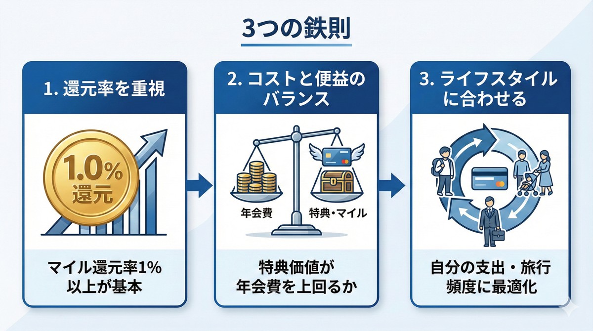 マイルカード選びの3つの鉄則:還元率1.0%、損益分岐点、出口戦略を示すインフォグラフィック