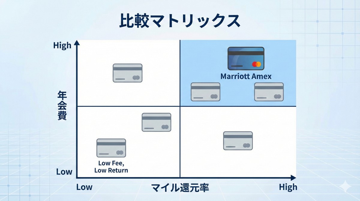 クレジットカードの年会費とマイル還元率の相関図。マリオットアメックスやゴールドカードの位置づけを図解