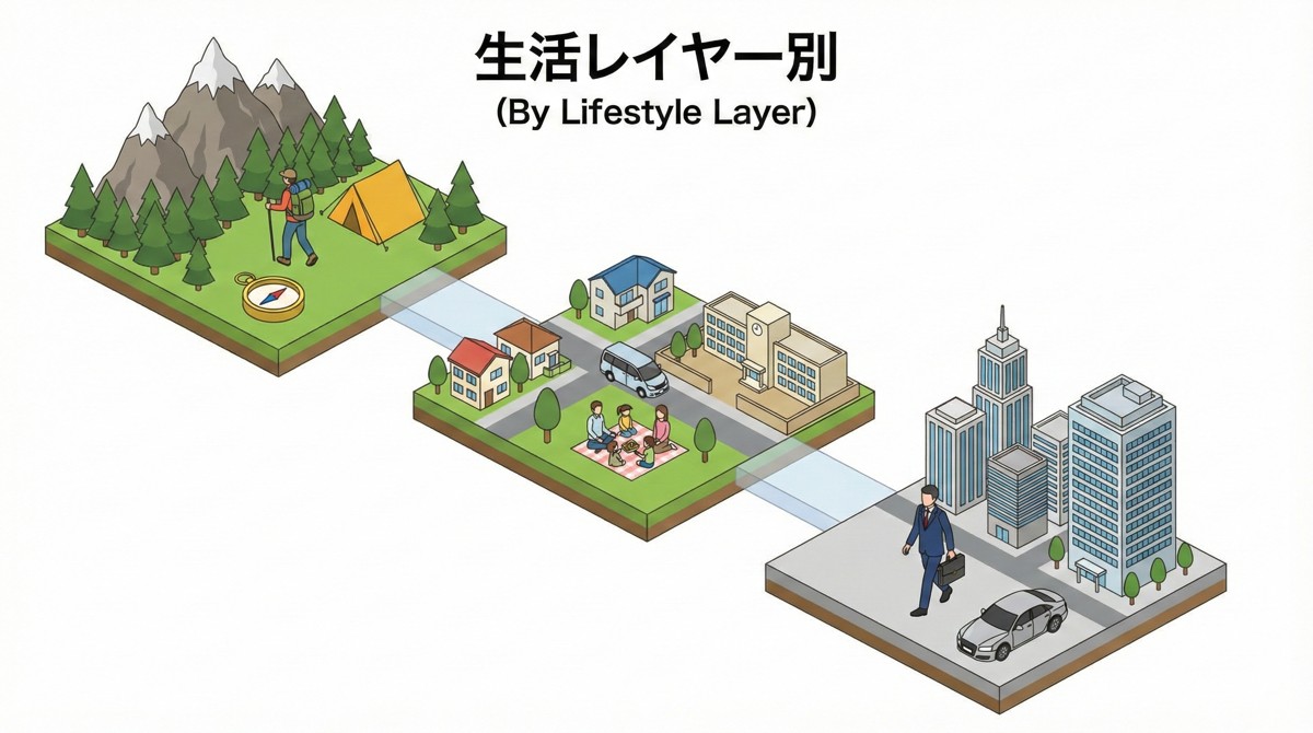 生活スタイル別の旅行イメージ。バックパッカー、家族旅行、ビジネスエグゼクティブのアイソメトリックイラスト