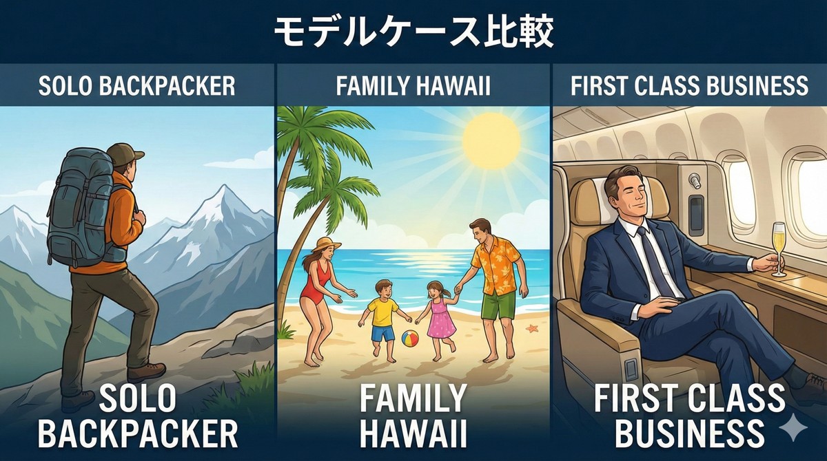 3つのモデルケース(独身、家族、富裕層)における旅行スタイルのシミュレーション比較画像