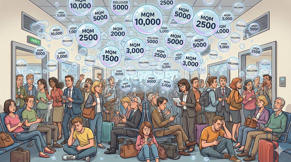 空港ラウンジの上空に大量のMQMバブルが溢れかえっている風刺イラスト。会員インフレによる混雑を表現