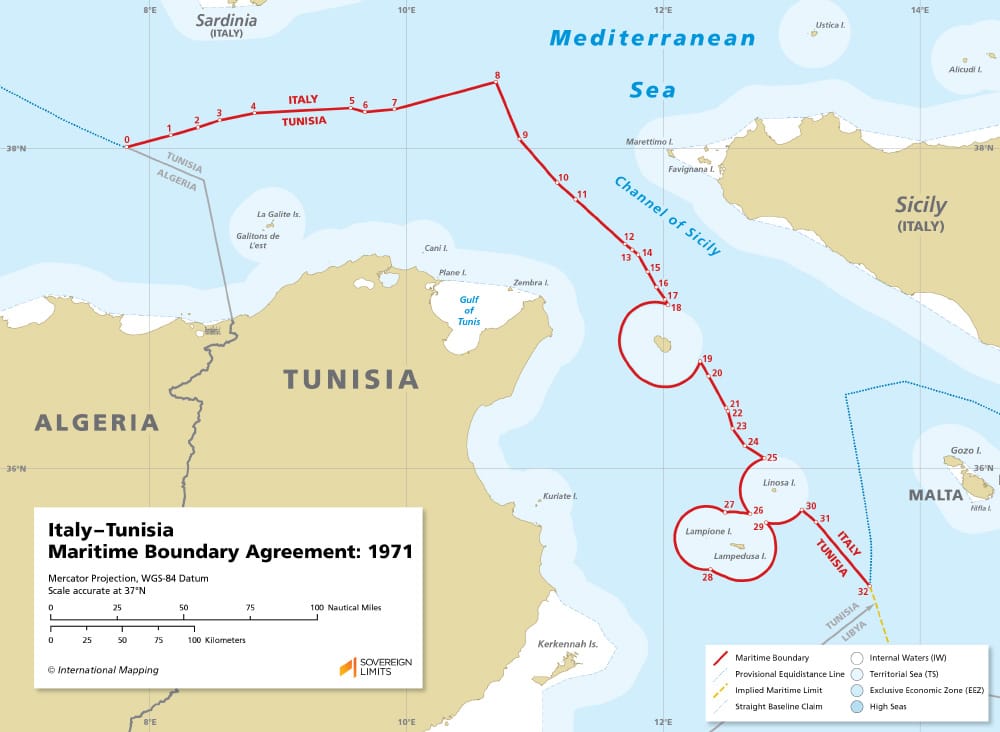 イタリア・チュニジアの位置関係を示す地図