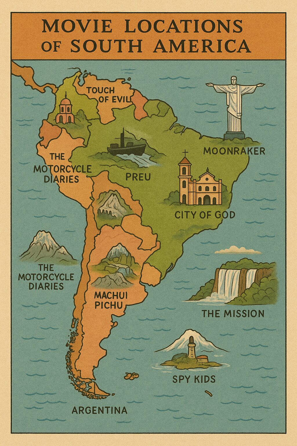 南米大陸地図 - ブラジル、アルゼンチン、ペルー、チリ、ボリビアなど主要国を示した地図