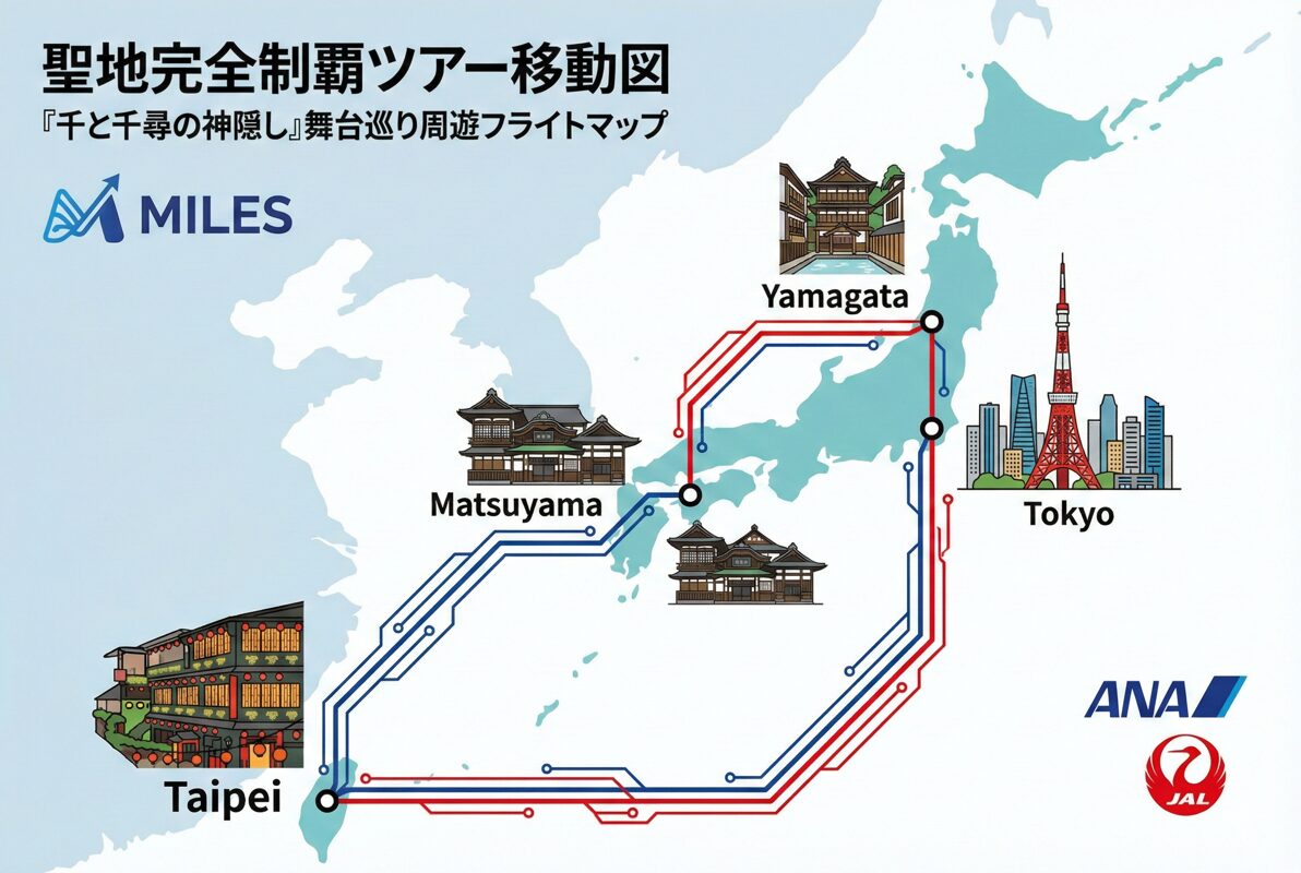 日本と台湾を結ぶ周遊フライトマップ。ANA（青）とJAL（赤）の連携を示すインフォグラフィックで、千と千尋の神隠し聖地を巡る旅程を表現。