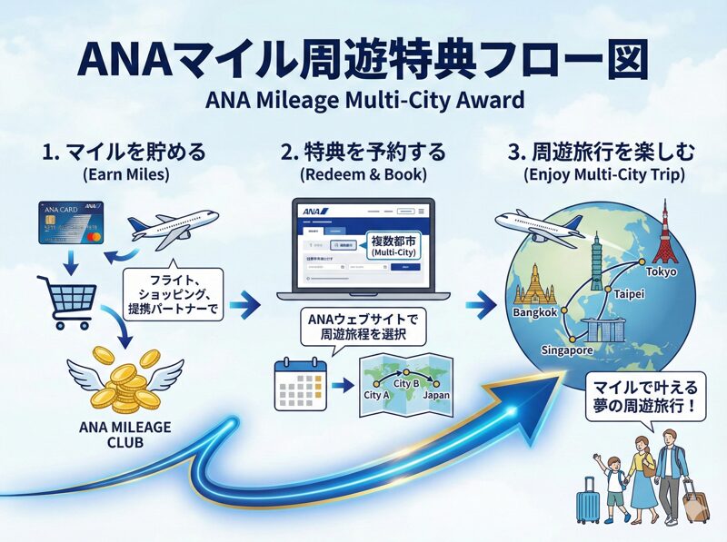 ANAマイルを使った国際線と国内線の周遊特典航空券の予約フローチャート。ステップバイステップの論理的な図解。