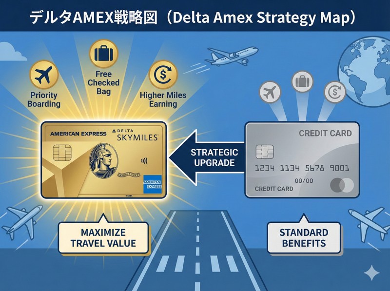 デルタアメックスゴールドカードのビジュアル。デルタマイルを効率的に貯めるための戦略的なクレジットカード。