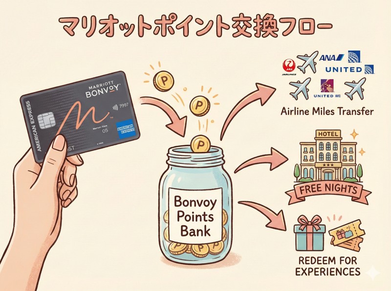 マリオットボンヴォイポイントをマイルまたはホテル宿泊に交換する戦略を示す図。ポイント交換のフローチャート。
