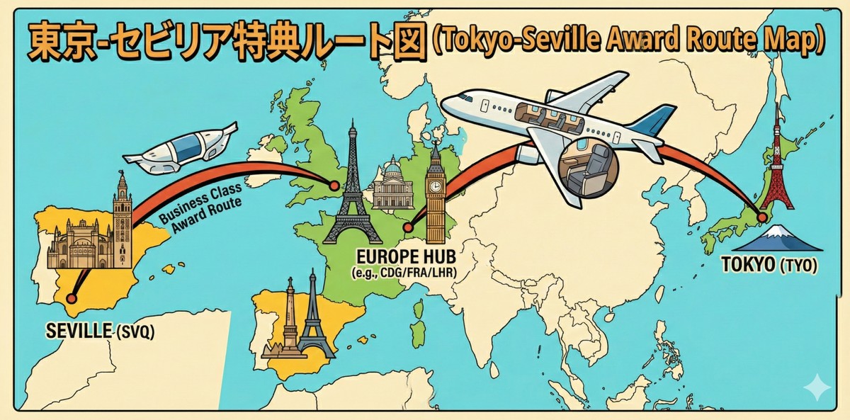 東京（HND）からセビリア（SVQ）への特典航空券ルート図。フランクフルトやマドリッドを経由するフライト経路を示し、ビジネス利用時の効率的なルートを視覚化。