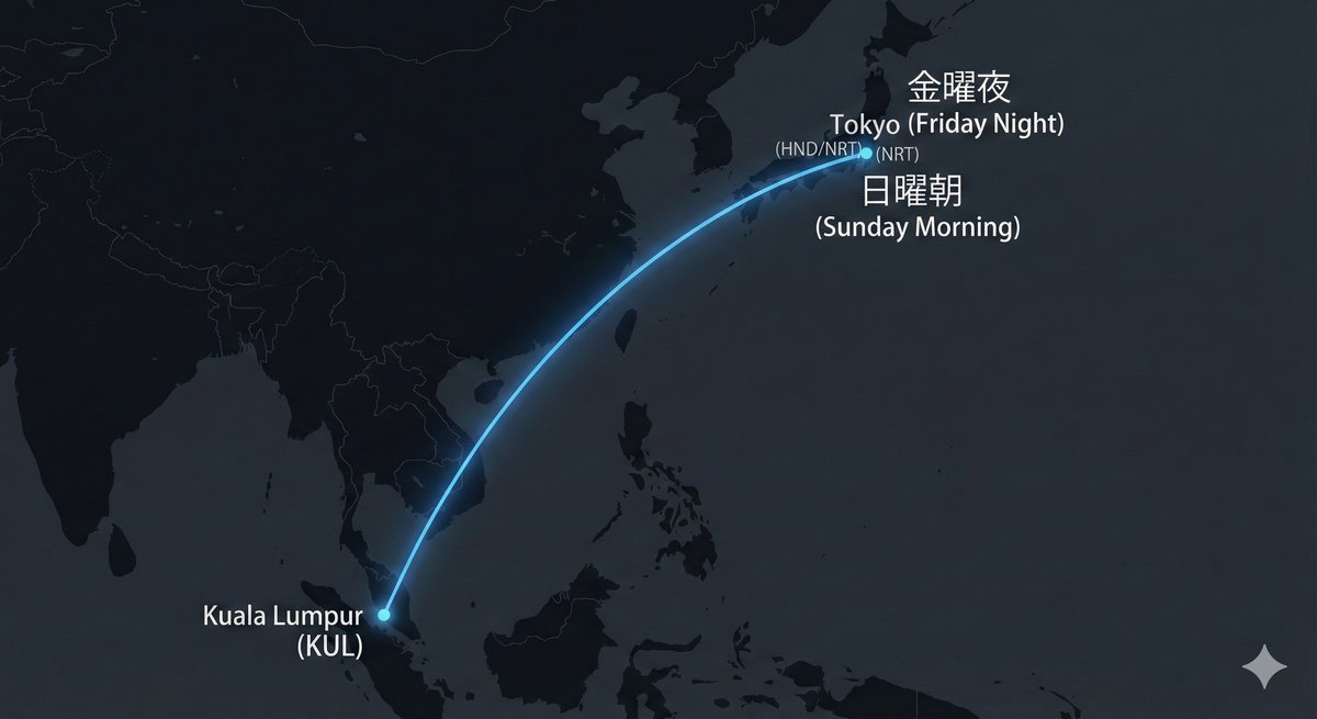 KULループのルート図：東京とクアラルンプールを結ぶ反復フライト