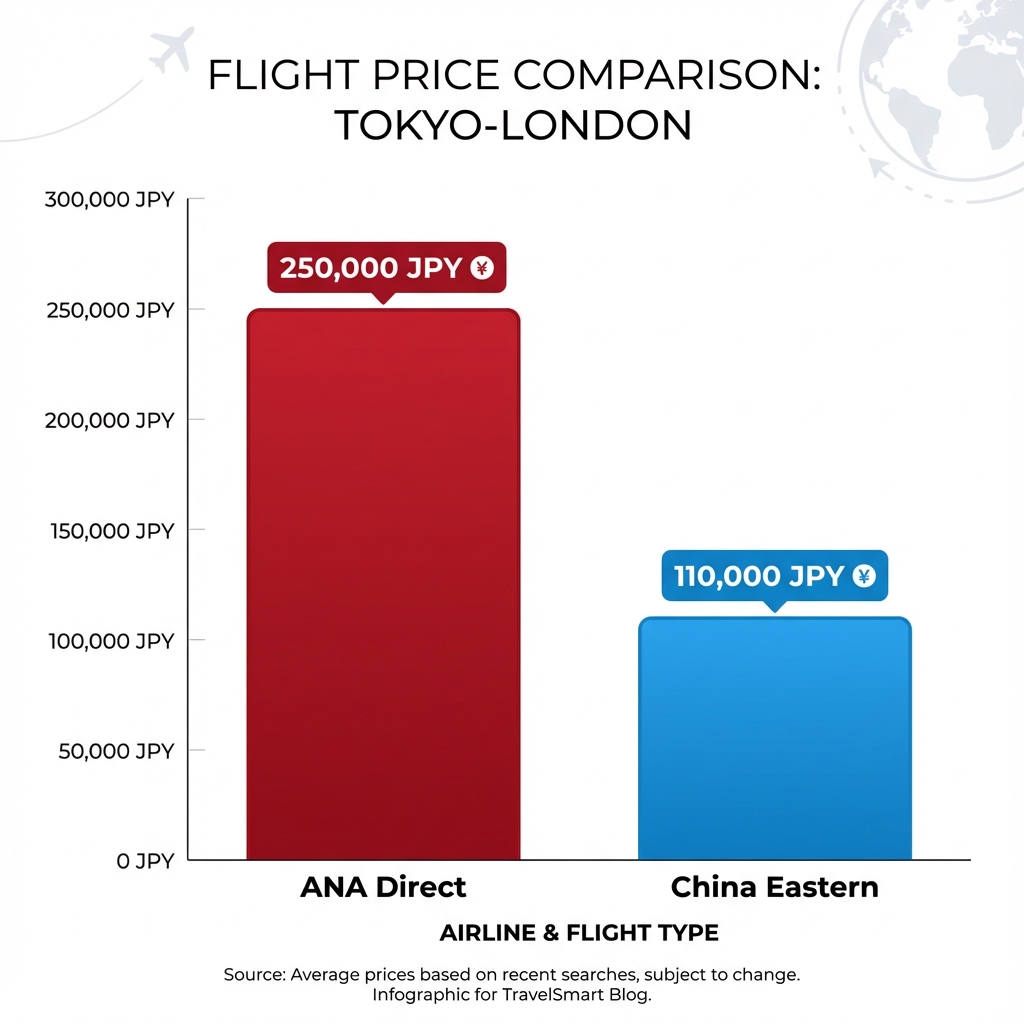 東京-ロンドン間の航空券価格比較チャート：ANA直行便25万円に対し、中国東方航空は11万円