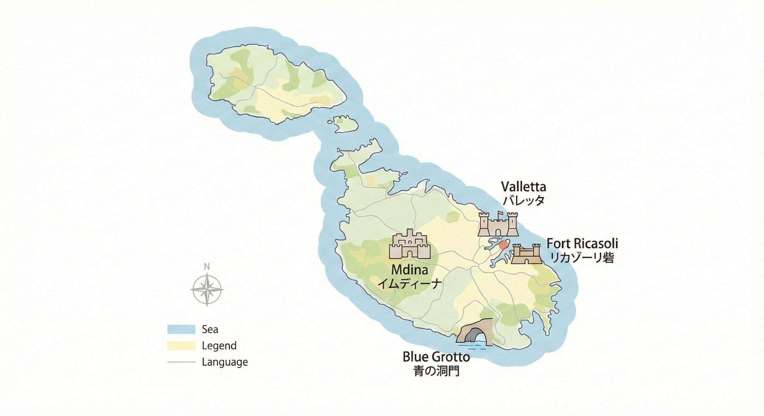 日本からマルタ島へのフライトルートと主要ロケ地マップ