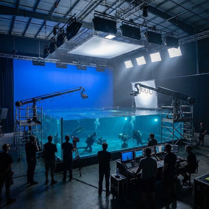 映画スタジオの巨大なウォータータンク、撮影セットの様子
