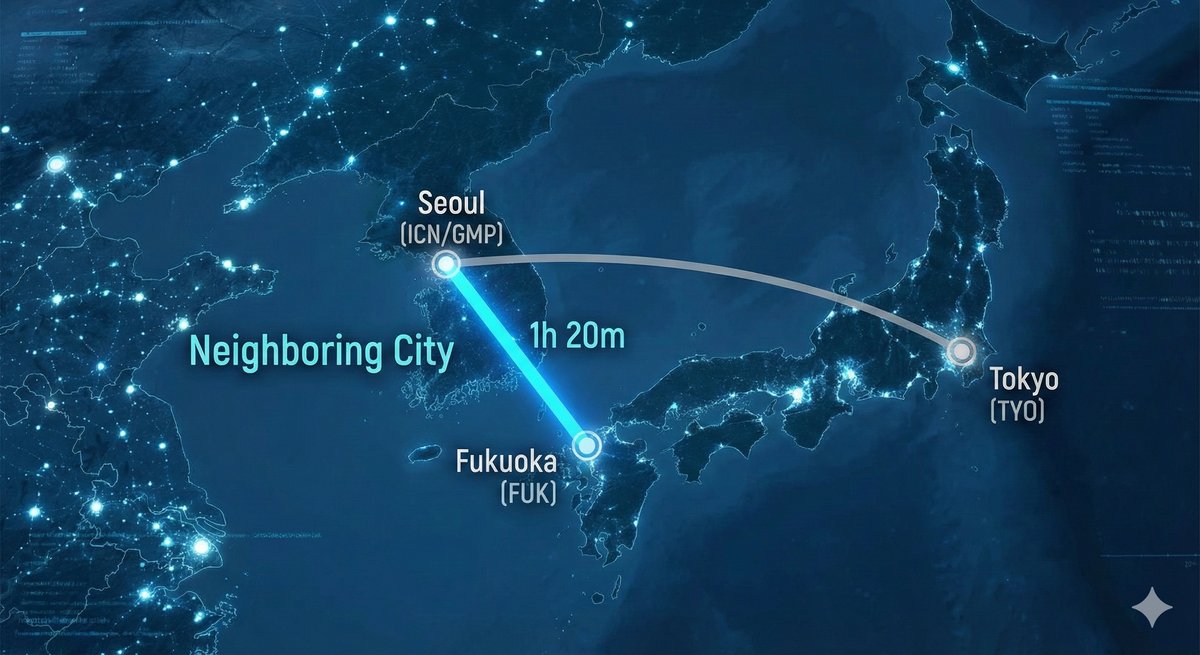 福岡とソウルの近さを示す地図：東京へ行くより近い