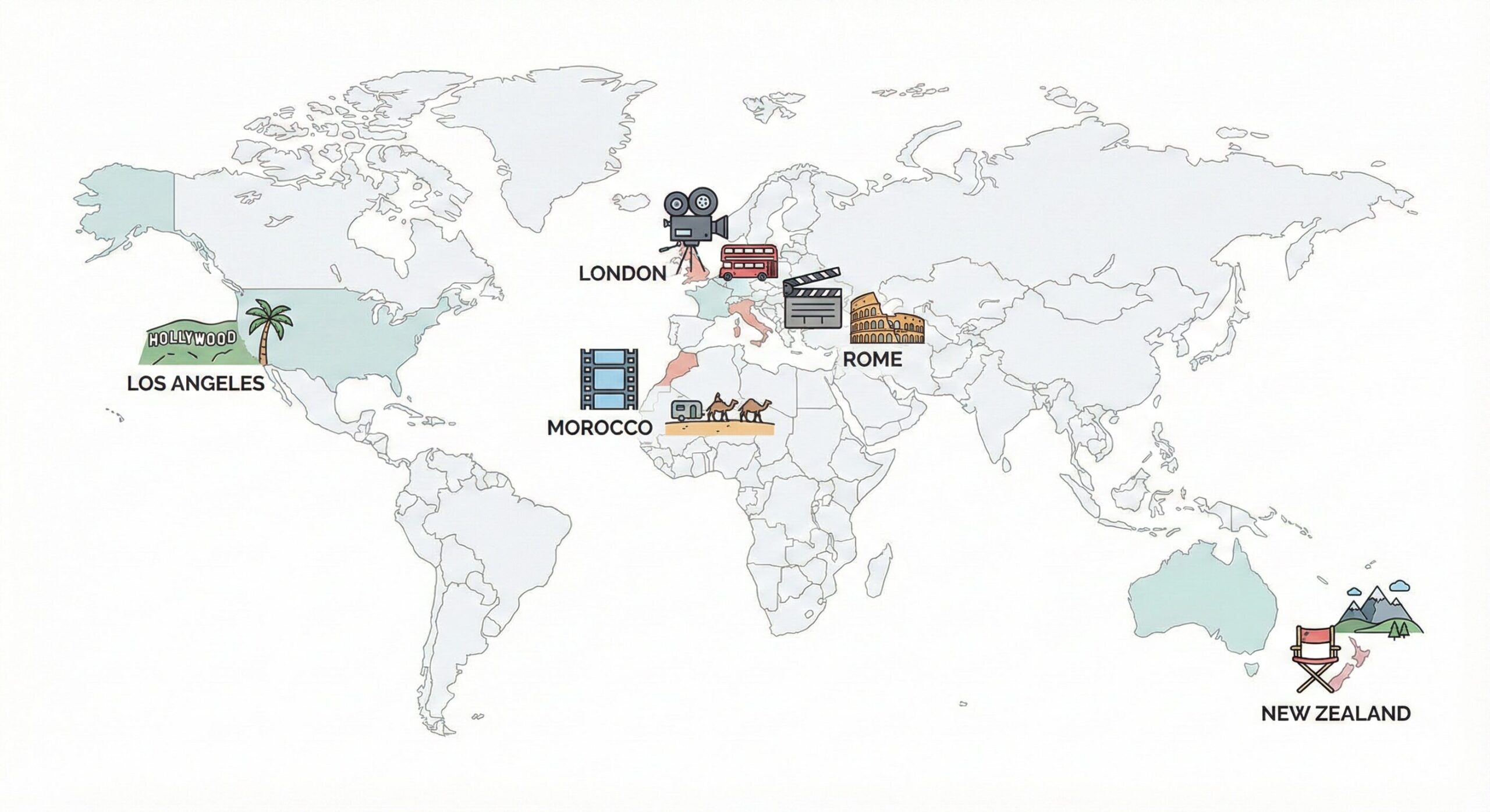 世界地図上に5つのスタジオの位置を示したマップ